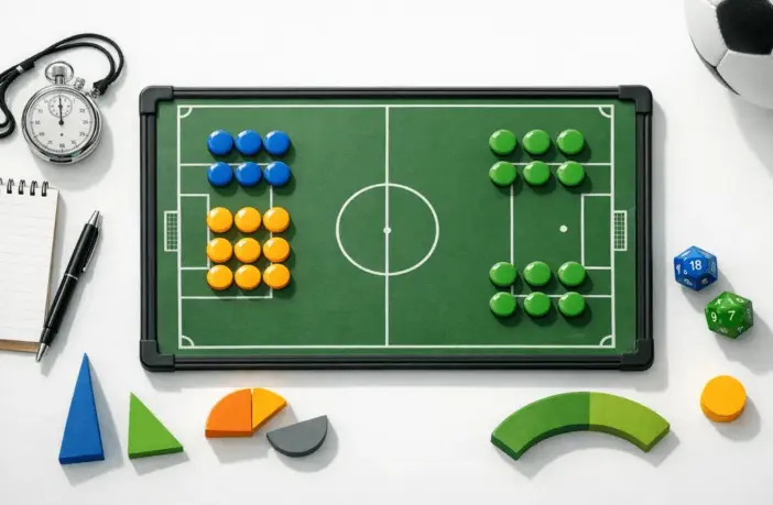 Overhead view of tactical analysis desk with football pitch diagram and coloured analysis magnets for group-stage betting insights.