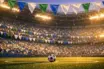 Stadium bunting in national colours, floodlit pitch at golden hour, packed stands, match ball centre spot.