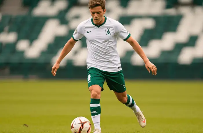 Young midfielder in white and green kit dribbling football on professional pitch