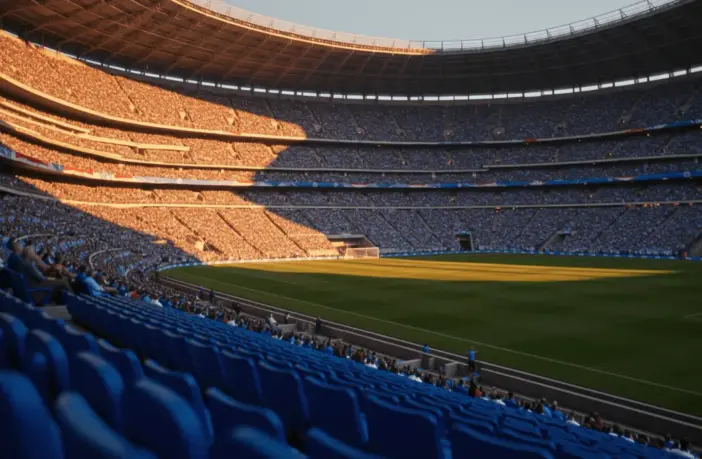 Floodlit football stadium at golden-hour kick-off with packed stands, dramatic shadows on empty pitch, Argentina and Egypt national colours.