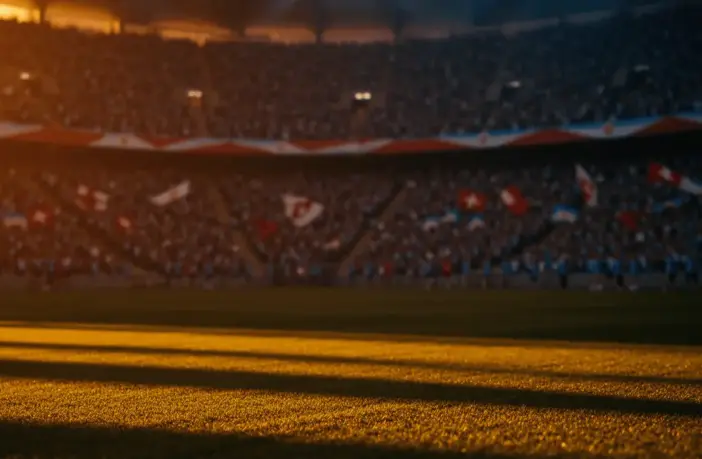 Floodlit quarter-final stadium at dusk with dramatic lighting, packed stands, and golden-hour atmosphere during World Cup competition.