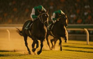 Two thoroughbred racehorses racing neck-and-neck on a sunlit Australian turf track, jockeys in green and white silks.