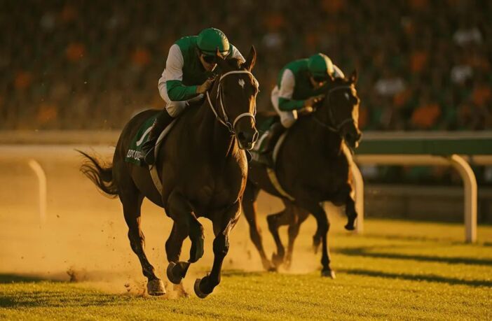 Two thoroughbred racehorses racing neck-and-neck on a sunlit Australian turf track, jockeys in green and white silks.
