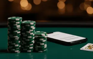 Stacked casino chips and smartphone with login interface on green felt table