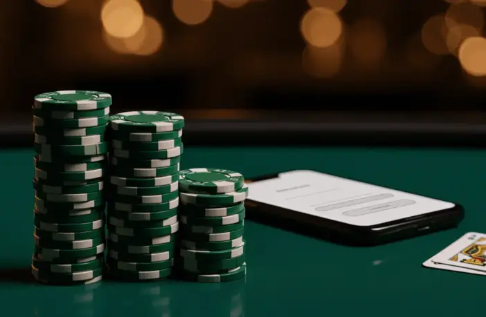Stacked casino chips and smartphone with login interface on green felt table