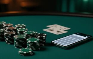Poker chips and cards on green felt table with smartphone showing poker app interface