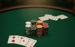 Poker chips stacked on green felt table with face-down cards for USA poker sites guide