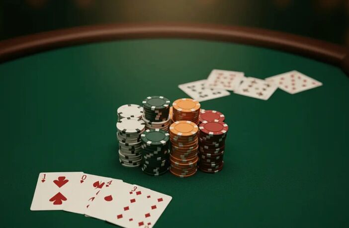 Poker chips stacked on green felt table with face-down cards for USA poker sites guide