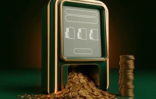 Sweepstakes slot machine with cascading gold coins on a Celtic green reflective surface