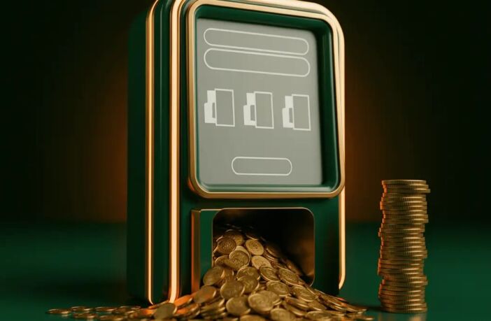 Sweepstakes slot machine with cascading gold coins on a Celtic green reflective surface