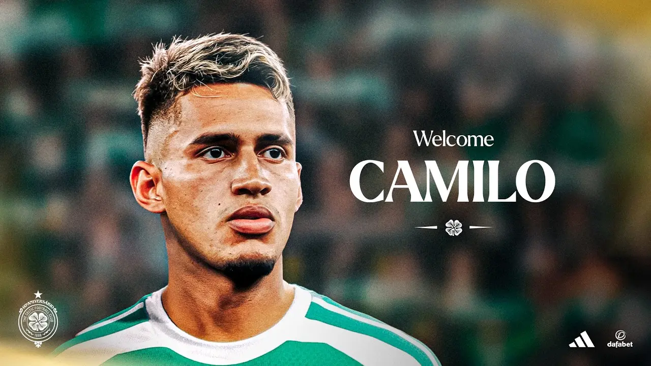 Camilo Duran in a Celtic football kit with a welcoming message.