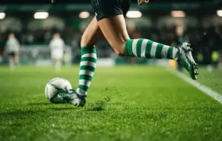 Female footballer in green and white hooped socks sprinting with ball on pitch