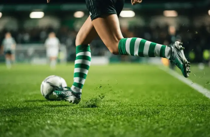 Female footballer in green and white hooped socks sprinting with ball on pitch