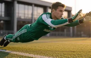Young goalkeeper in Celtic green making athletic diving save during training at professional football facility