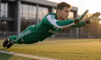 Young goalkeeper in Celtic green making athletic diving save during training at professional football facility