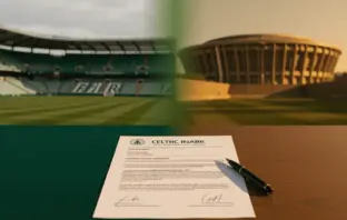 Celtic Park and Greek stadium split scene with unsigned transfer contract symbolizing missed recruitment