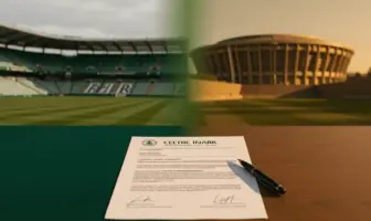 Celtic Park and Greek stadium split scene with unsigned transfer contract symbolizing missed recruitment