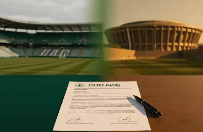 Celtic Park and Greek stadium split scene with unsigned transfer contract symbolizing missed recruitment