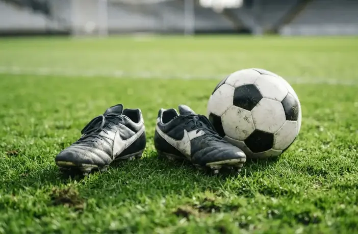 Football boots and ball on green pitch representing striker recruitment opportunity