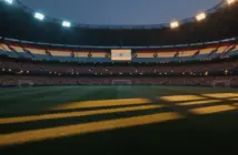 Floodlit stadium with packed stands and dramatic shadows on empty pitch at golden-hour dusk.