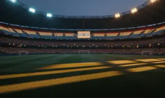 Floodlit stadium with packed stands and dramatic shadows on empty pitch at golden-hour dusk.