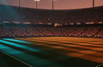 Floodlit quarter-final stadium at dusk with dramatic shadow patterns, French and Moroccan colour palette reflected in packed stands.