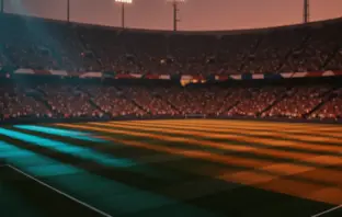Floodlit quarter-final stadium at dusk with dramatic shadow patterns, French and Moroccan colour palette reflected in packed stands.