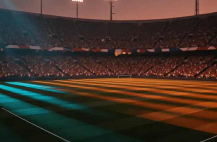 Floodlit quarter-final stadium at dusk with dramatic shadow patterns, French and Moroccan colour palette reflected in packed stands.