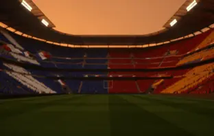Floodlit stadium at sunset with blue and red-gold crowd sections creating dramatic lighting contrast.