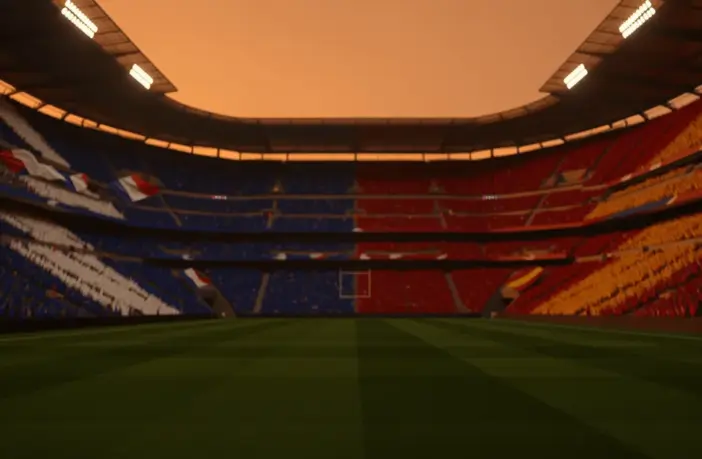 Floodlit stadium at sunset with blue and red-gold crowd sections creating dramatic lighting contrast.