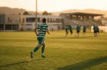 Celtic player in green hooped training kit running toward teammates on Portuguese training ground at sunset
