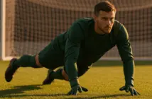 Goalkeeper making athletic save in green kit representing Celtic transfer target Tjark Ernst