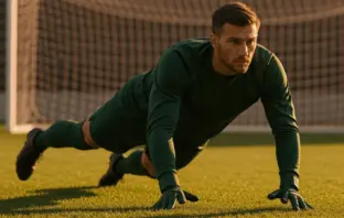 Goalkeeper making athletic save in green kit representing Celtic transfer target Tjark Ernst
