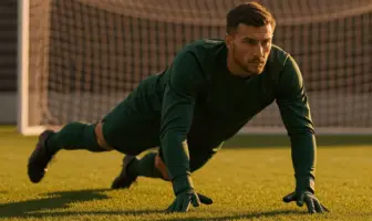 Goalkeeper making athletic save in green kit representing Celtic transfer target Tjark Ernst