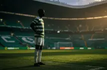 Football striker silhouette in Celtic green hooped jersey at Celtic Park stadium choosing to stay