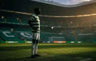 Football striker silhouette in Celtic green hooped jersey at Celtic Park stadium choosing to stay