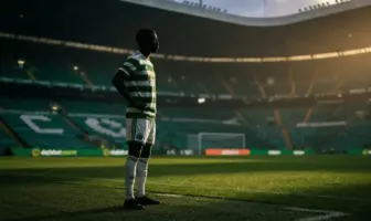 Football striker silhouette in Celtic green hooped jersey at Celtic Park stadium choosing to stay