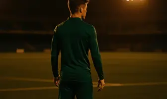 Young footballer on pitch at dusk under floodlights contemplating career move