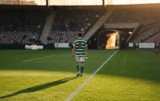 Football player in green and white hoops walking toward tunnel exit in golden stadium light