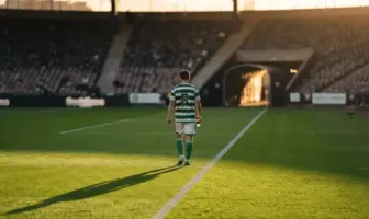 Football player in green and white hoops walking toward tunnel exit in golden stadium light