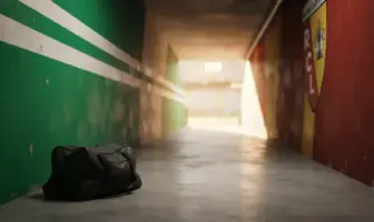 Football stadium tunnel transitioning from Celtic green to Ligue 1 colours representing player transfer