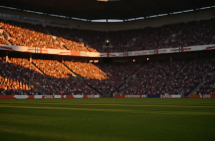 Floodlit football stadium at golden hour with packed stands, dramatic shadows, and cinematic lighting during quarter-final match atmosphere.