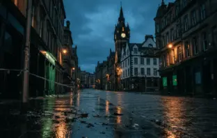 Empty Trongate street in Glasgow showing police tape and debris after disorder following Celtic title win