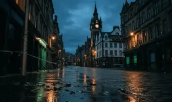 Empty Trongate street in Glasgow showing police tape and debris after disorder following Celtic title win