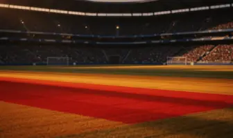 Floodlit stadium pitch at dusk with national flag colour tones and dramatic shadow patterns, no players visible.