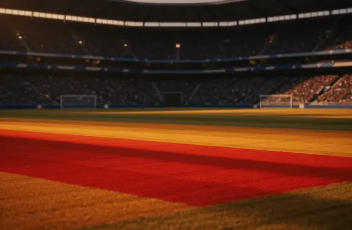 Floodlit stadium pitch at dusk with national flag colour tones and dramatic shadow patterns, no players visible.