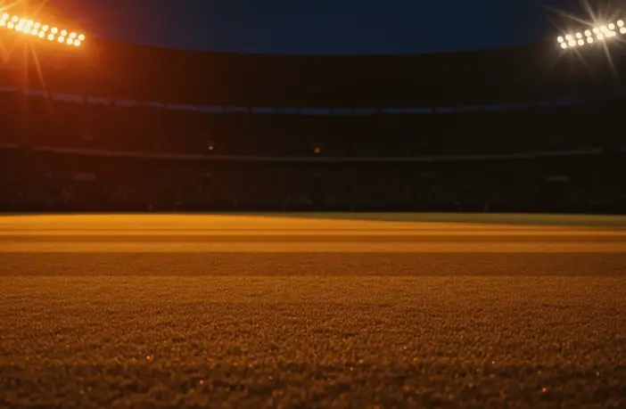 Empty floodlit stadium pitch at golden hour with dramatic shadows, warm amber and red lighting, packed stands silhouetted against night sky.