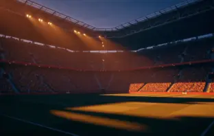 Floodlit stadium at golden hour with packed stands, dramatic shadows, Swiss red and Colombian colours in atmospheric haze.