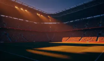 Floodlit stadium at golden hour with packed stands, dramatic shadows, Swiss red and Colombian colours in atmospheric haze.