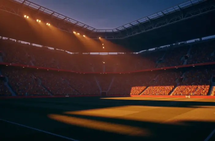 Floodlit stadium at golden hour with packed stands, dramatic shadows, Swiss red and Colombian colours in atmospheric haze.